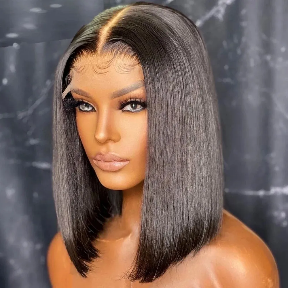 2023 New Fashion Curly Virgin straight hair wig set for girls straight hairshort Frontal PrePlucked Hairline Lace Front Wig