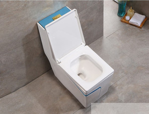 <span class=keywords><strong>WC</strong></span> monobloc en céramique KD-19CTA Chaozhou, design <span class=keywords><strong>bleu</strong></span>, avec siphon intégré, cuvette carrée pour salle de bain avec ligne bleue - Product Image 3