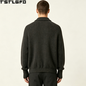 Cardigan en laine coupé-cousu à fermeture éclair intégrale pour homme, gris anthracite, col côtelé avec passe-pouces, style streetwear, pulls pour hommes, vente en gros pour fabricants - Product Image 5