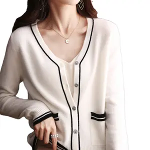 Blusa de tricô de caxemira de lã pura para mulheres, moda casual de manga comprida outono inverno 2024, moda personalizada de caxemira com gola V
