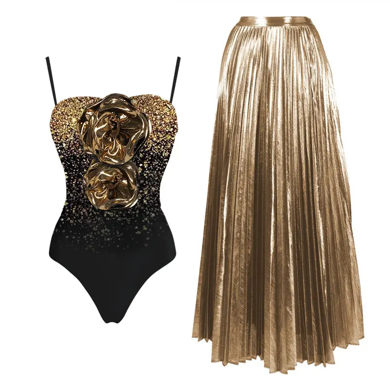 Stok cetak tali dapat dilepas pakaian renang wanita dua potong rok pantai emas merek nama pakaian renang satu bagian