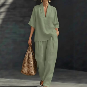 Dropshipping Shopify Plus Size Womens V Neck Short Sleeve Wide Leg Pants Casual Two <b>Piece</b> Tracksuit <b>Set</b> Summer - Product Image 4