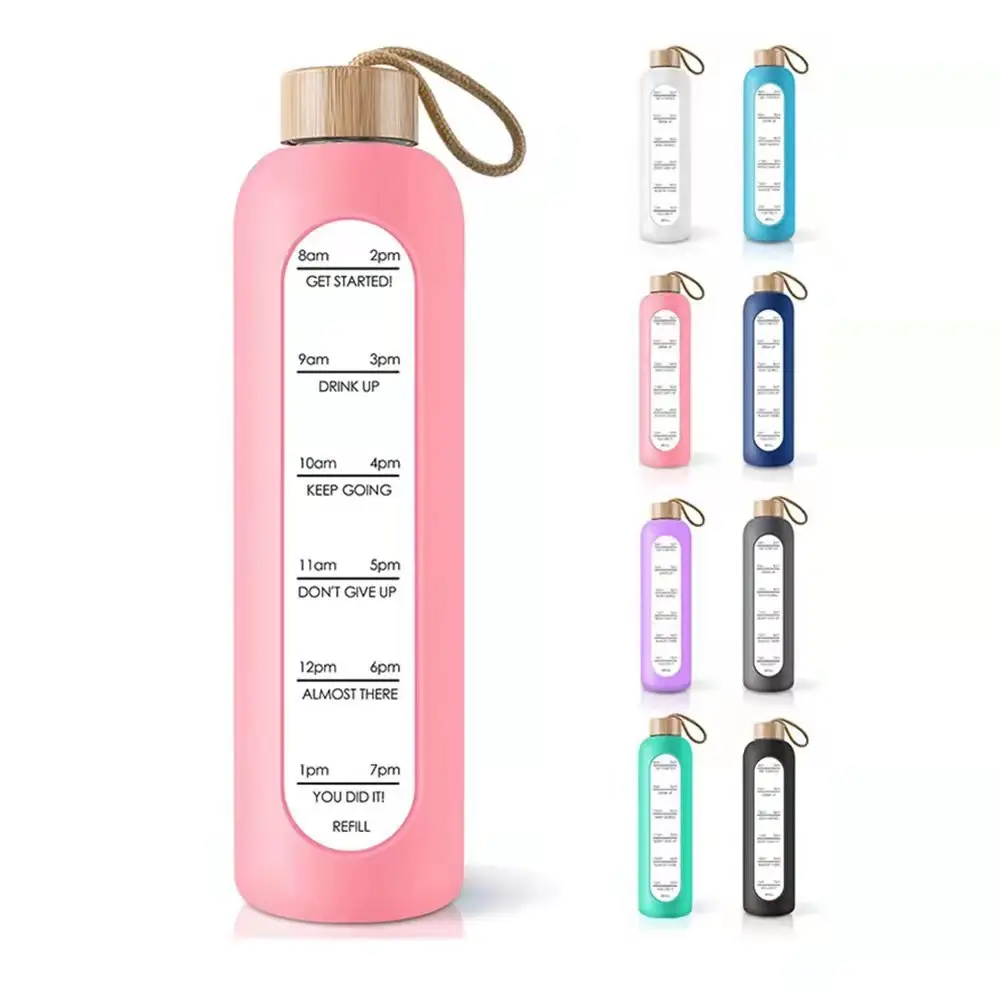 Bottiglia d'acqua da 1 litro in vetro con coperchio in bambù motivazionale ecologico da 32 once con indicatore del tempo da bere