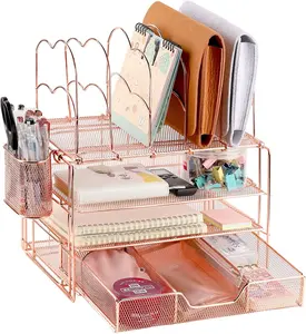 Verbeterde Multifunctionele Metalen Mesh Kantoorbenodigdheden Accessoires Desk Organizer Met Lade Desktop Briefpapier Opbergrek