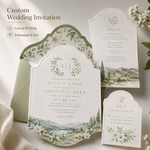 Set di Inviti Matrimoniali Personalizzati Stile Campagna Italiana, Design Elegante con Colline ad Acquerello e Motivi Floreali, con Monogramma in Lamina d'Oro - Product Image 1