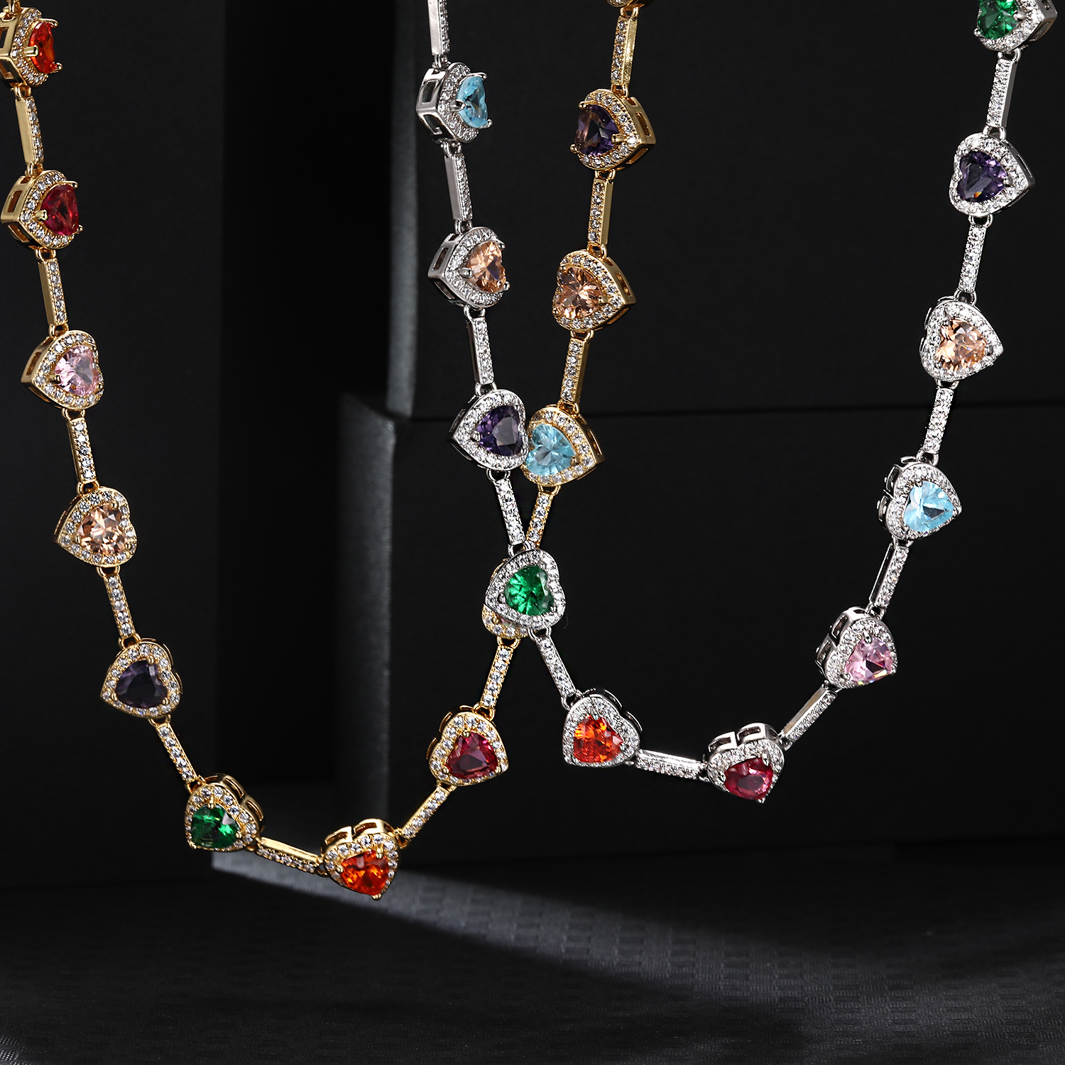 Custom 18K Gold Plated Multicolor Heart Gem Stone Chain