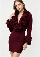 Robe Mini Tricotée Y2K Vintage Bordeaux Unie pour Femme, Col V, Col Moelleux, Manches Cloche, Extensible, Moulante, avec Franges Shaggy – Vente en Gros Personnalisée