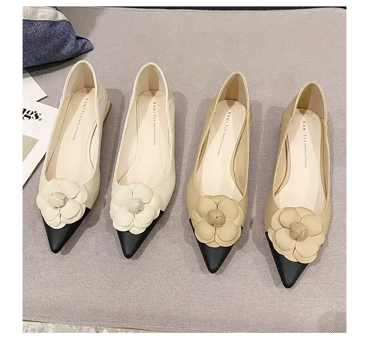 Summer New Soft Leather Shallow Heel Flat Shoes Women's Flower Pointed Flat Shoes
