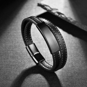 <span class=keywords><strong>Pulsera</strong></span> de cuero trenzado para hombre, <span class=keywords><strong>pulsera</strong></span> de moda con barra de Metal de acero inoxidable, estilo Vintage, regalo - Product Image 2