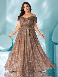 المرأة الأنيقة بالإضافة إلى البني قبالة الكتف ضئيلة الخصر قصيرة الأكمام الظهر طويلة مبطنة فساتين السهرة مع سحاب وتنحنح مطوي - Product Image 5