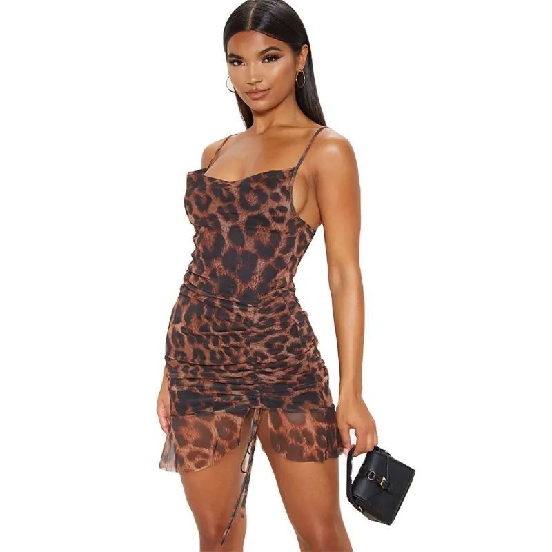 Halter Mini Jurk Trekkoord Sexy Club Wear Mode Y2k Casual Jurk Groothandel Vrouwen Luipaard Jurken