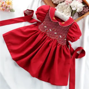 red christmas kids smocked clothing for girls dresses embroidery cotton peter pan collar children clothes wholesale B21098