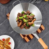 Wok professionnel en acier inoxydable sans revêtement, avec manche en bois, anti-rouille, anti-adhésif, pour cuisinière à gaz, restaurant, hôtel, cuisine