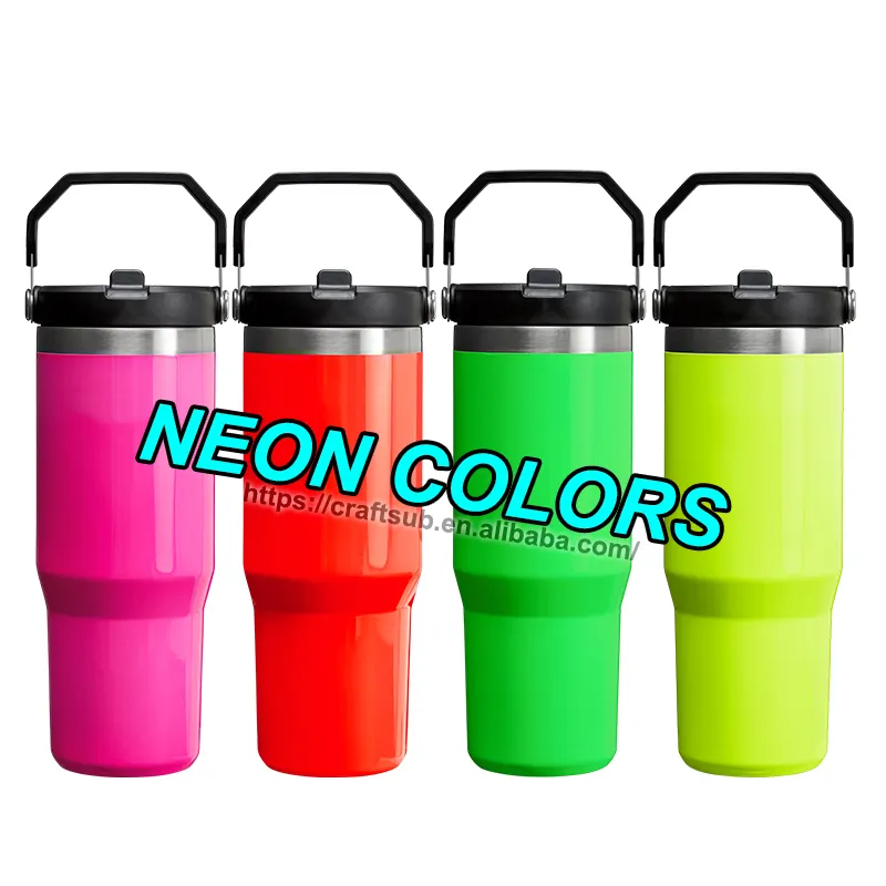 30oz 30 oz Neon Color Collection Insulated Stainless Steel Blank Sublimation Tumbler Cup with Top Tote Handle and Flip Straw Lid