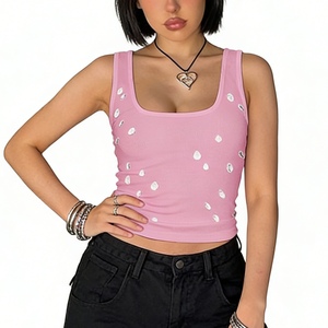 Top corto sin mangas con cuello cuadrado para mujer - Top ajustado acanalado con adornos de gotas, estilo chaleco a la moda - Product Image 3