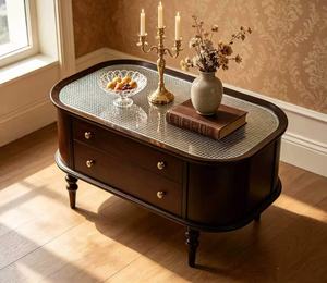 Vintage Dark Wood Coffee <b>Table</b> with Reeded Glass Top & <b>Drawers</b> Farmhouse Living Room Storage <b>Table</b> - Product Image 4