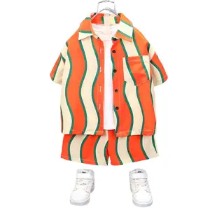 Child Clothes Irregular Stripe Shirt Short Set Casual Cotton Satin Factory OEM/ODM Kids Clothing Boy Sets