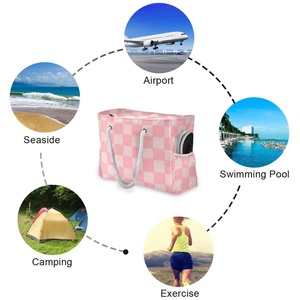 Sac de plage pour femme personnalisé à carreaux roses, grande capacité, avec poignée en corde naturelle, sacs de plage pour les vacances d'été et les voyages - Product Image 3