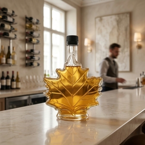 High Quality Clear Glass Maple Leaf Liquor Bottle with Cork Stopper Frost &amp; Engraving Options 250ml/500ml for Syrup &amp; <strong>Spirits</strong> - Product Image 1