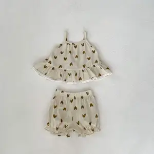 Zomer Sling Mouwloze Pasgeboren Katoenen Top Baby Print Hart Broek Baby Meisje Kleding Set Baby Pak