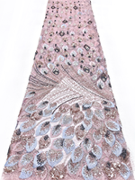 Tissu en dentelle à mailles NI.AI Olive Purple Luxury Beads Peacock Feather pour robe de mariée, occasion formelle, robe de soirée pour femmes