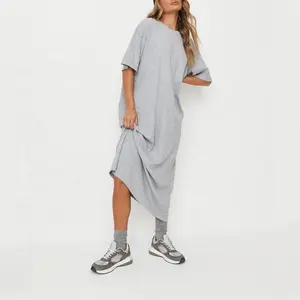 Vendita calda disegni di moda estate accogliente <span class=keywords><strong>abito</strong></span> lungo da donna manica corta maglia grigio costola <span class=keywords><strong>abito</strong></span> <span class=keywords><strong>Midi</strong></span> - Product Image 1