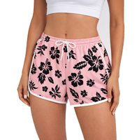 Shorts décontractés pour femmes à imprimé floral rose avec cordon de serrage, shorts de sport d'été avec bordure contrastée blanche