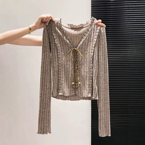 Dalang Factory Women's V-neck Knit Top Full Sleeve Slim Fit Soft Splicing Spring 2026 - Product Image 2
