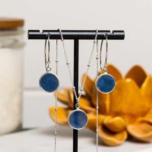 Blue Opal Jewelry Set Sterling Silver Circle Pendant Necklace Matching Dangle <b>Earrings</b> Gift For Women - Product Image 5