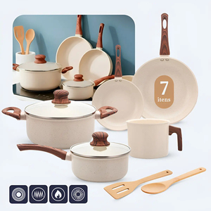 Modern Ceramic Marble Coated Pot Pan Glass Lids Bakelite Handles Non-Stick 6-Piece Aluminum <b>Cookware</b> <b>Set</b> <b>Induction</b> Compatible - Product Image 1