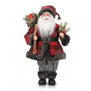 Red <b>Grey</b> Plaid Flared <b>Coat</b> Santa Claus Statue <b>Standing</b> Xmas Figure for Living Room Holiday Display - Product Image 3