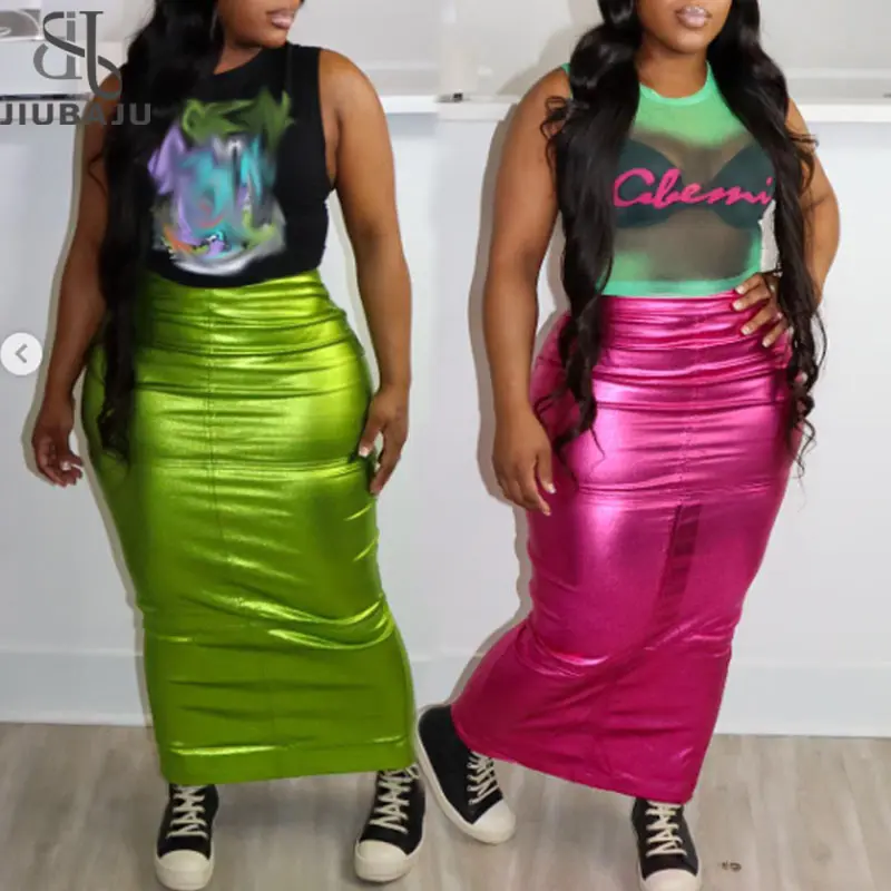 Summer Pu Leather Skirts For Women 2023 High Waist Long Maxi Skirts Women Green Split Night Club Cute Skirts