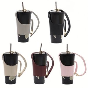 Housse de tasse à café simple en cuir PU portable pour l'extérieur, support réutilisable pour bouteille d'eau et boisson - Product Image 1