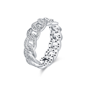 S925 Silver Hiphop Chain <b>Ring</b> With <b>Crystal</b> Pave Setting Geometric Unisex Everyday Wear Edgy Full Pave Cuban Chain Statement <b>Ring</b> - Product Image 1