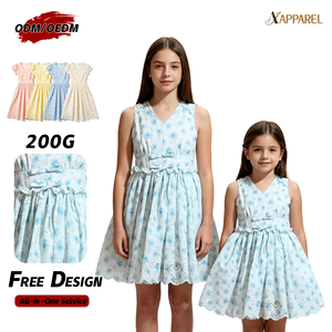 Vestido Floral Personalizado A&J BSCI para Hermanas, con Dobladillo Festoneado, Cuello en V, Lazo en la Cintura, 200G Algodón, 4 Colores, ODM 2026 - Product Image 1