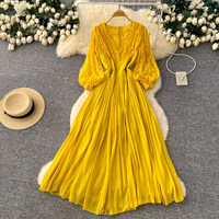 Robe longue plissée élégante pour femme WIWT, col en V, manches longues en dentelle, coupe trapèze, décontractée, pour soirée ou usage quotidien