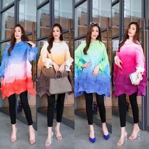 Miyake Pleated 2022 Spring Summer Korean Tops Women Rainbow Gradient Plus Size Tops Diamond Pleated Loose Casual T-shirt