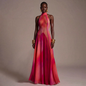 Abito lungo da sera in chiffon <span class=keywords><strong>con</strong></span> stampa tie-dye alla moda, scollo all'americana, senza schienale, senza maniche, sexy, da donna - Product Image 2