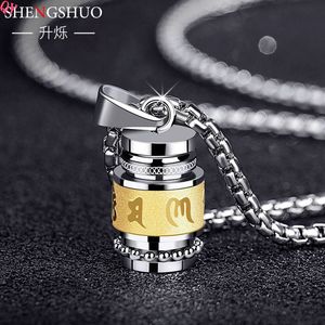 QQ 2025 Tendance Collier pendentif om mani padme hum en acier inoxydable plaqué or, chaîne à maillons épais bicolore, - Product Image 4