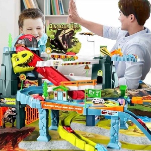 Samtoycn Escalada Eléctrica Volcán Deslizante Erupción Railcar Slot Car Vehicle Race Play Set Dinosaur Adventure con 8 Mini Cars - Product Image 2