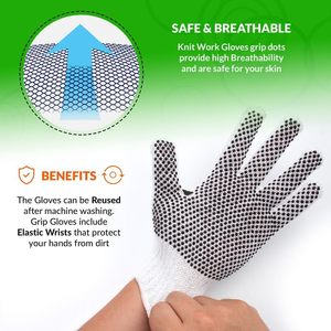 Gants de travail blancs en polyester et coton avec points en PVC sur la paume, tricotés, pour le jardinage, antidérapants, ambidextres, imperméables, protection des mains - Product Image 3