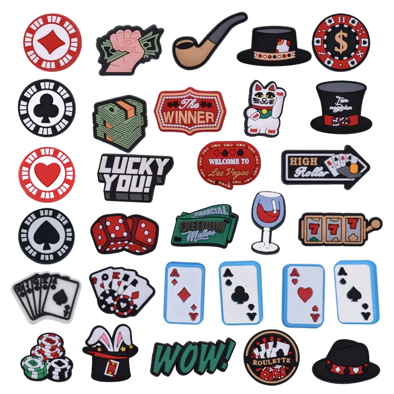 New Arrival Sin City Casino Poker Game Card Las Vegas Gambling clog Shoe Charms soft PVC clog Charms For Adult shoe accessories