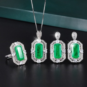 High Quality Eco-friendly Copper 8*16MM <b>Emerald</b> Green Cubic Zirconia 3 Piece Wedding Bridal Ring Necklace Set for Party - Product Image 1
