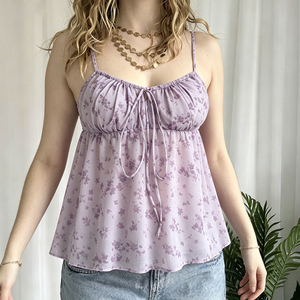 French Romantic Lilac Floral Print Ruched <b>Tie</b> Front Babydoll Hem Cami Top Fresh Girl Versatile Cool Sleeveless Top - Product Image 2