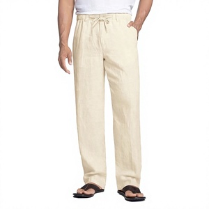 Pantalon décontracté pour homme en lin/coton beige, plissé devant, fermeture à cordon, léger, respirant, pantalon d'été avec poches latérales - Product Image 1