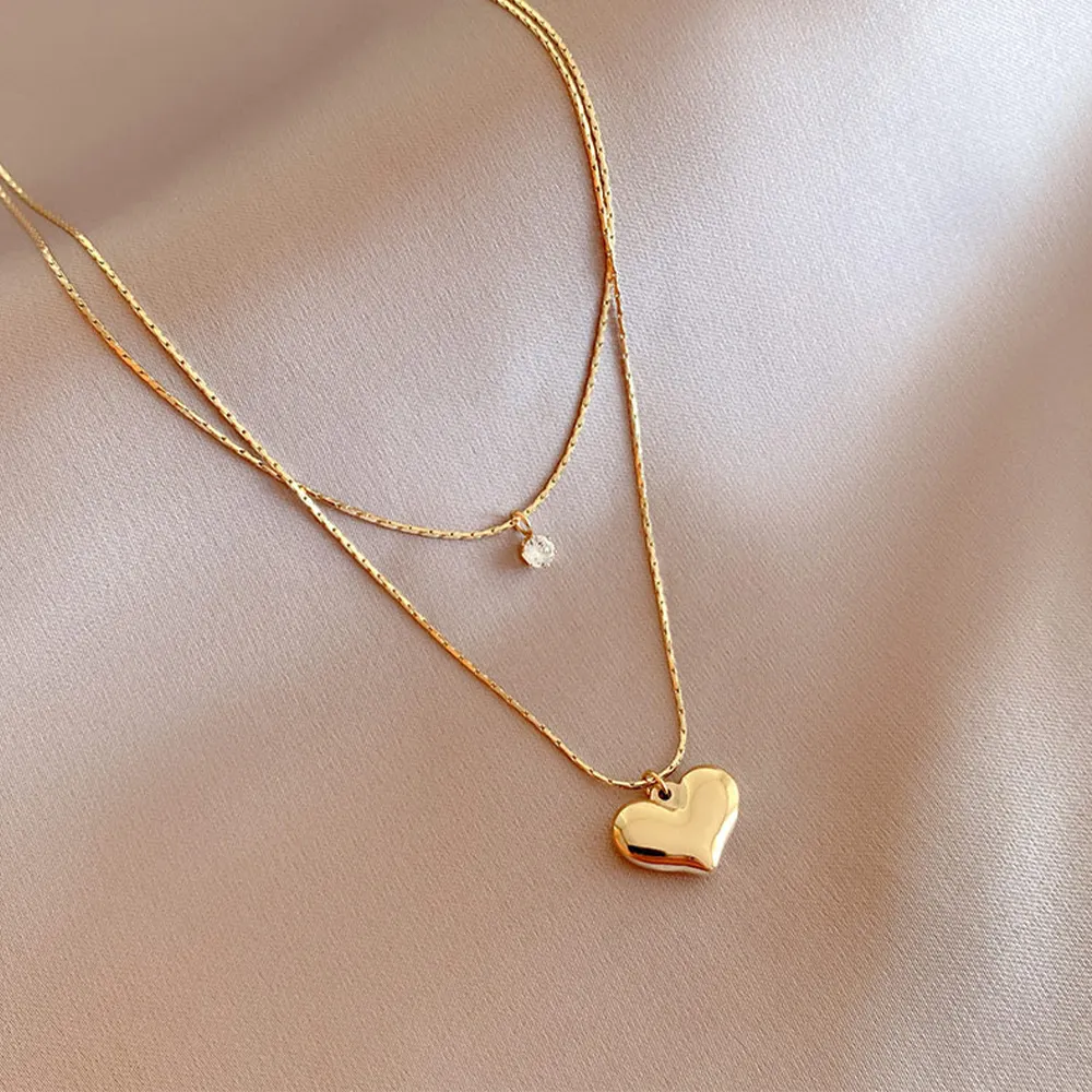 Double Layer Chain Charm Jewelry Cubic Zirconia Stone Gold Plated Necklace Stainless Steel Love Heart Necklace
