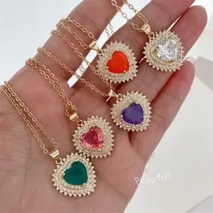 Kalung Perhiasan liontin hati kristal CZ berlapis emas 24K berlapis zirkonia warna-warni cantik wanita grosir untuk pernikahan