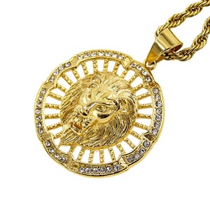 Gold Lion Head Pendant Necklace Round Crystal Inlay Stainless Steel Plated <b>Chain</b> Jewelry for Men - Product Image 3
