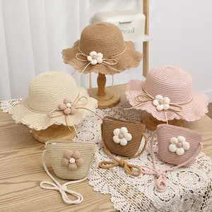 Toptan yaz çiçek yaprak geniş ağız güneş hasır şapka çanta seti küçük kızlar çanta çocuklar plaj şapkaları sevimli omuz çantaları