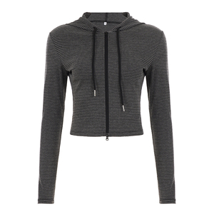 Striped Knit Hooded <b>Zip</b> <b>Up</b> <b>Cardigan</b> Women's Lightweight Long Sleeve Sweater Jacket Y2K Streetwear Casual Autumn Outerwear - Product Image 6